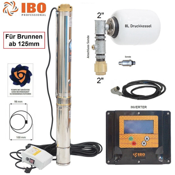 Tiefbrunnenpumpe Brunnenpumpe 4" 98 mm 9720 l/h 1,5kW 7,4 bar sandresistent + Inverter