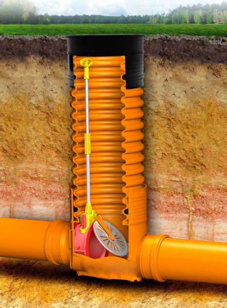 Abwasserschacht DN400 Schachtboden mit Rückstauklappe Zulauf DN160, Ablauf DN160