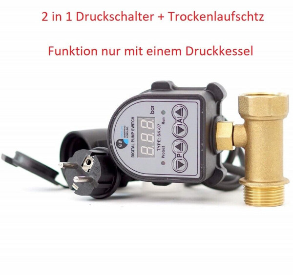 2 in 1 Elektronischer Druckschalter + Trockenlaufschutz für Hauswasserwerk inkl. 5-wege Verteiler-Co