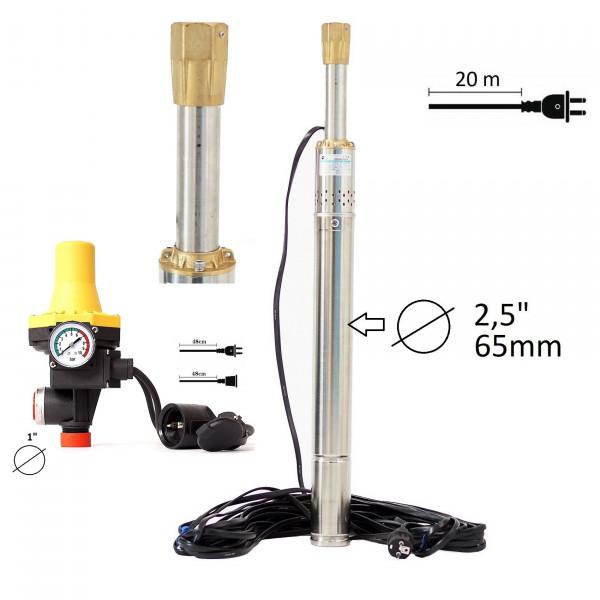 Tiefbrunnenpumpe 2,5 Zoll 65mm - 0,55 kW - 2100 L/h - 10 bar + Pumpensteuerung