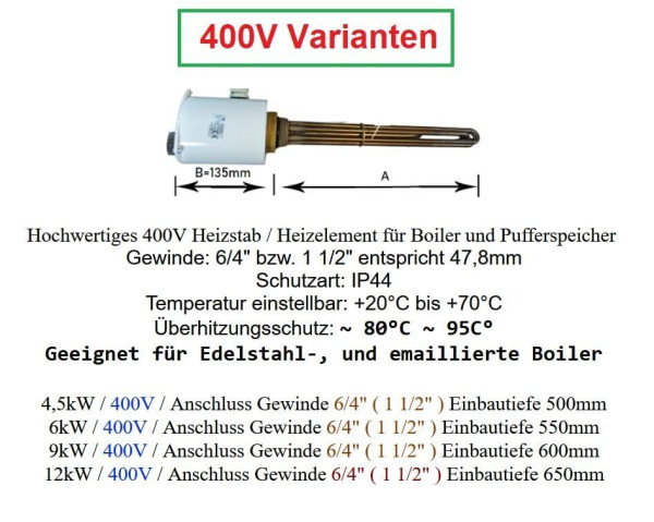 BSD Elektroheizstab 1500W - Heizelement Für Warmwasserboiler 5/4 Zoll