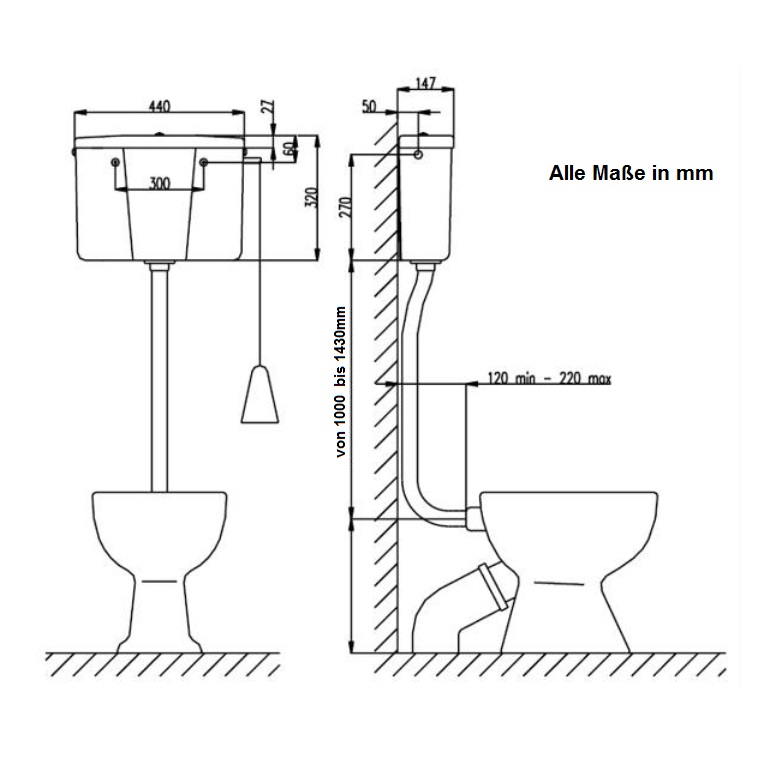 WC Spülkasten hochhängend hochhängender 9 Liter 445 x 340 x 150 mm 