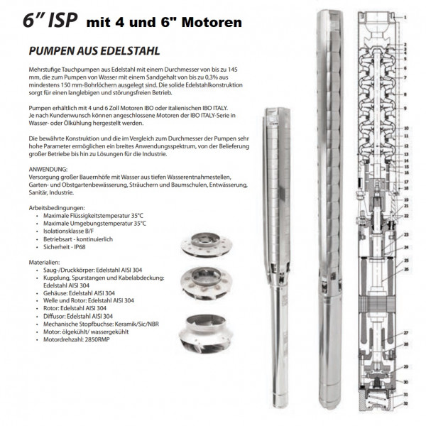 6" Tiefbrunnenpumpe Brunnenpumpe f. Bewässerung 4 bis 15kW - 2,5 bis 15,5bar