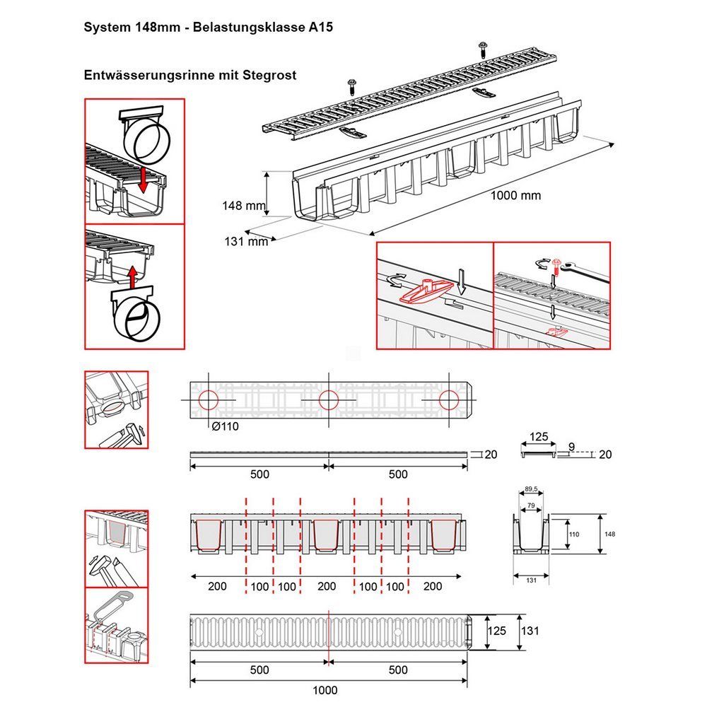 15m Entwässerungsrinne für modulares System A15 98mm komplett Schwarz Classic 