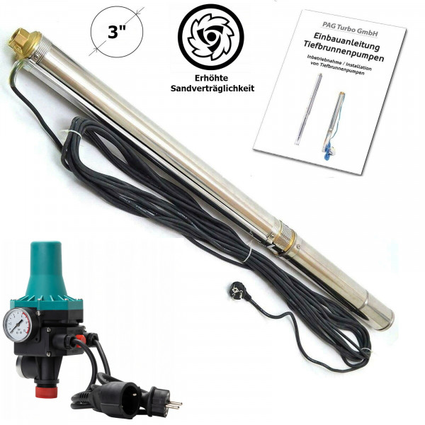 3" Tiefbrunnenpumpe 2700l/h 6 bar Sandverträglich bis 5% + Pumpensteuerung WEISBACH PC-13